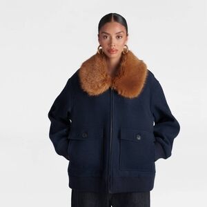 KBB by KAHLANA Women's 'The Faux Fur Collar Bomber' - Navy Blue/Teddy Brown XL